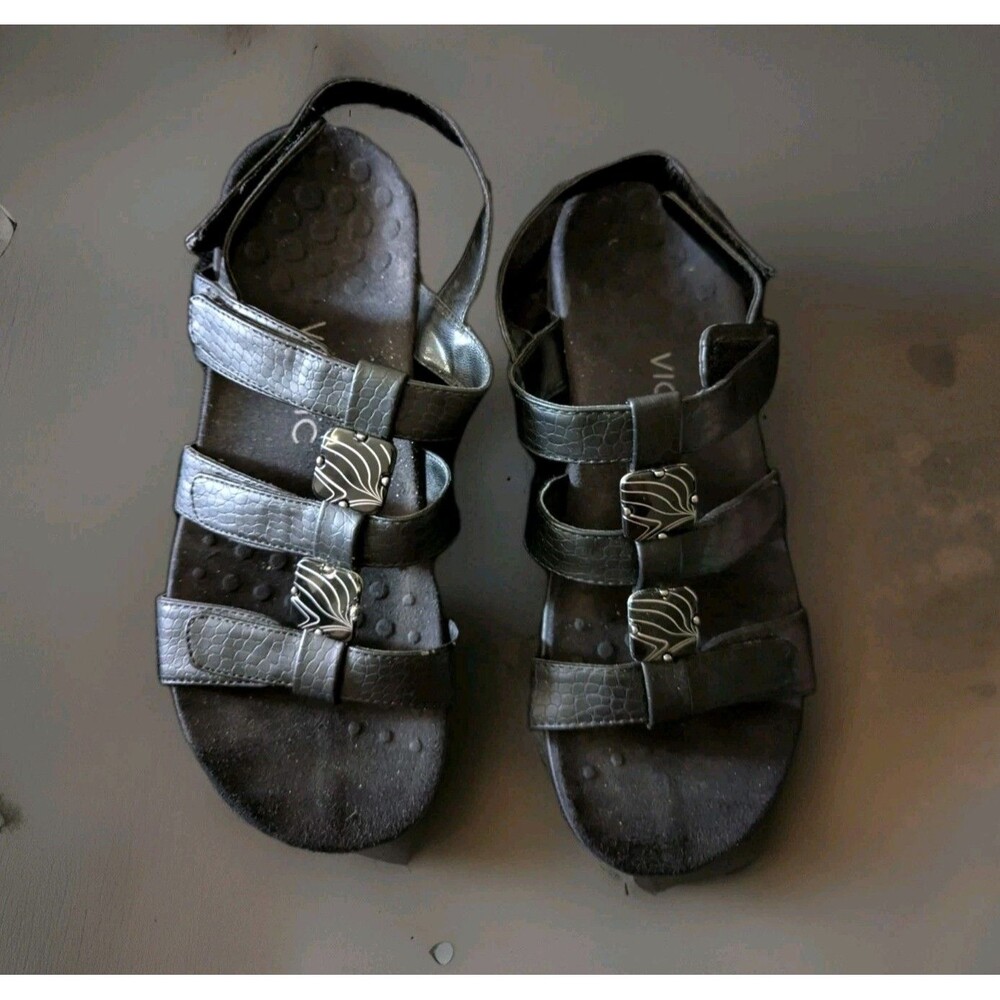 Vionic Womens 8 Black Leather Croc Embossed Adjustable Strap Slingback Sandals